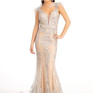 SILVER  Feather Embellished Sleeveless Glitter Mesh Prom Dress Sheer back gl1983